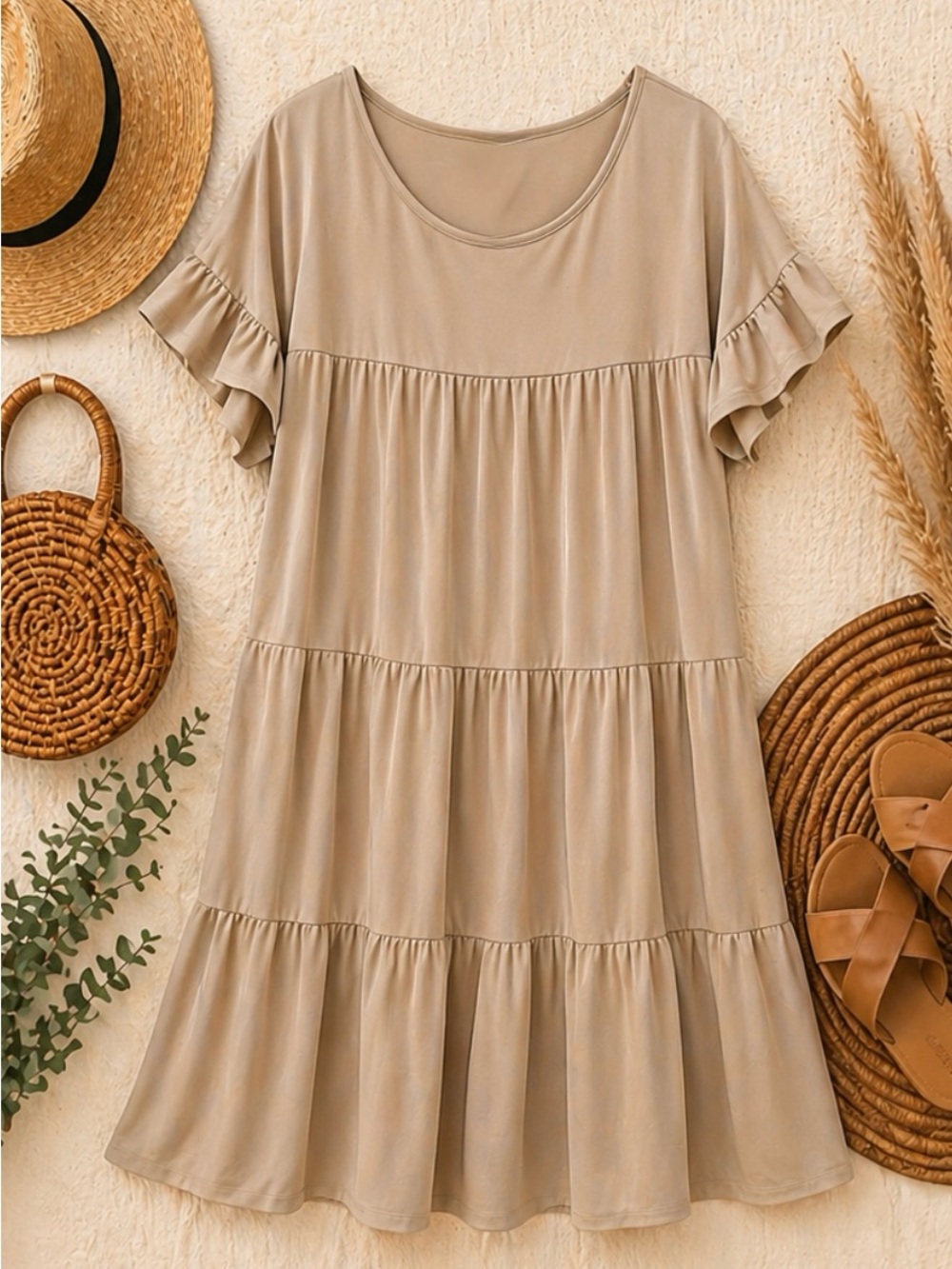 Casual Beige Tiered Short Sleeve Mini Dress